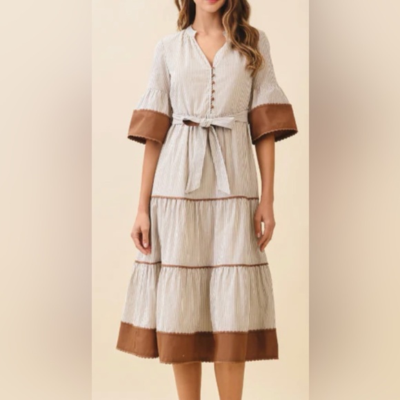 TCEC Dresses & Skirts - TCEC Cream and Brown Striped Maxi Dress